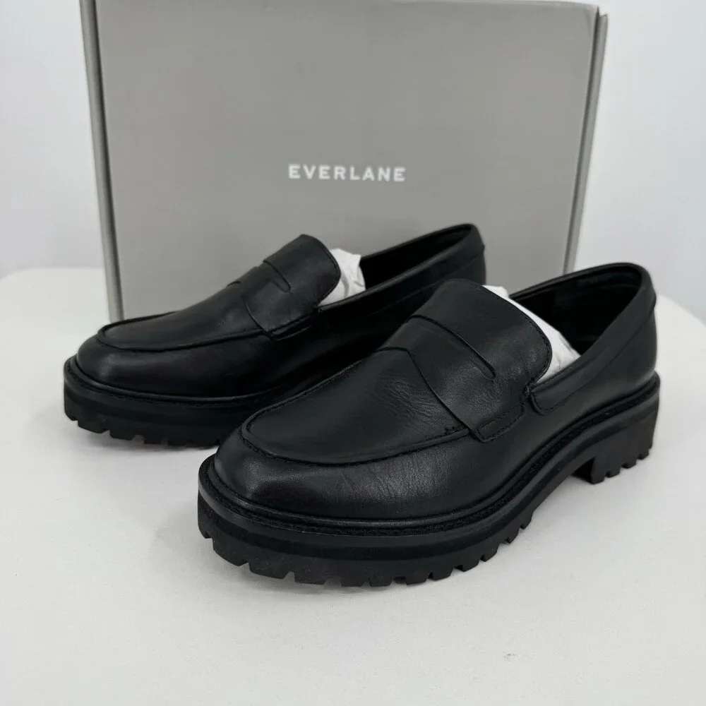 Everlane The Lug Loafer in Black Leather size 6 Women's Chunky Heel
